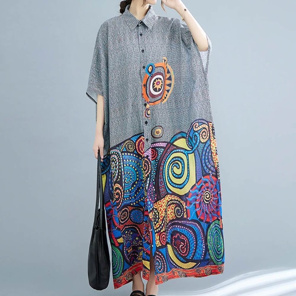 Boho Abstract Printed Oversize Coverup Beach Maxi Dress